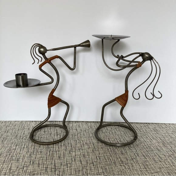 Metal Rattan MCM Candle Holders Band Horn Jazz Wire Art Sturdy Musical Decor - Picture 12 of 12